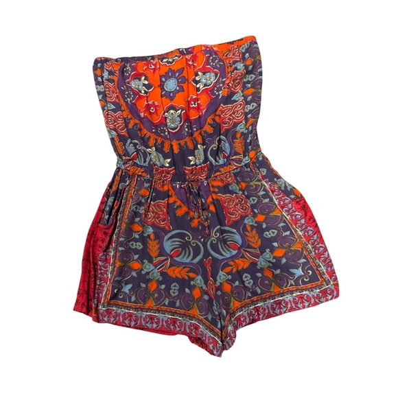 Angie Pants - Angie Strapless Romper XL Purple Orange Medallion Print Rayon Boho Chic Festival
